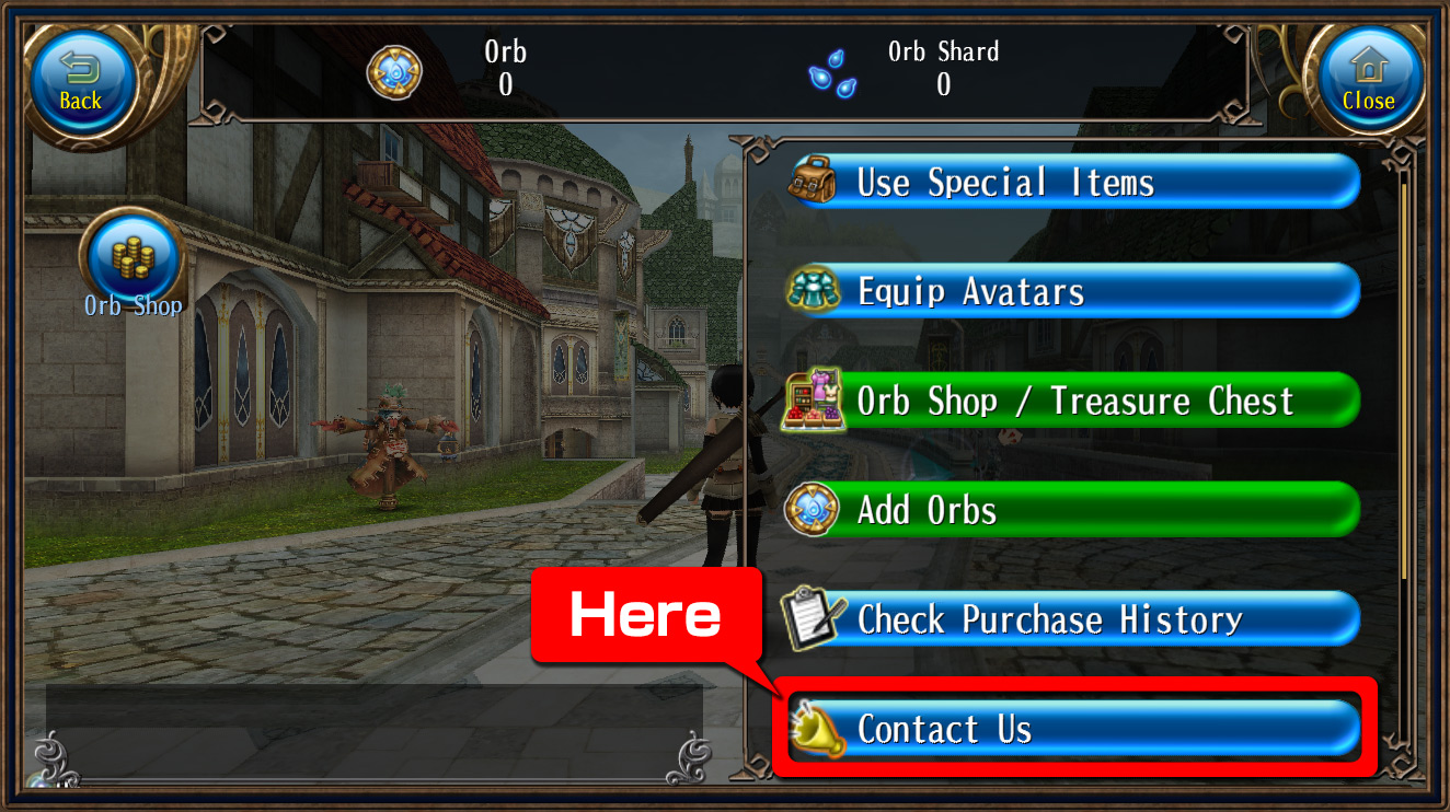 Menu > Orb Shop > Contact Us.